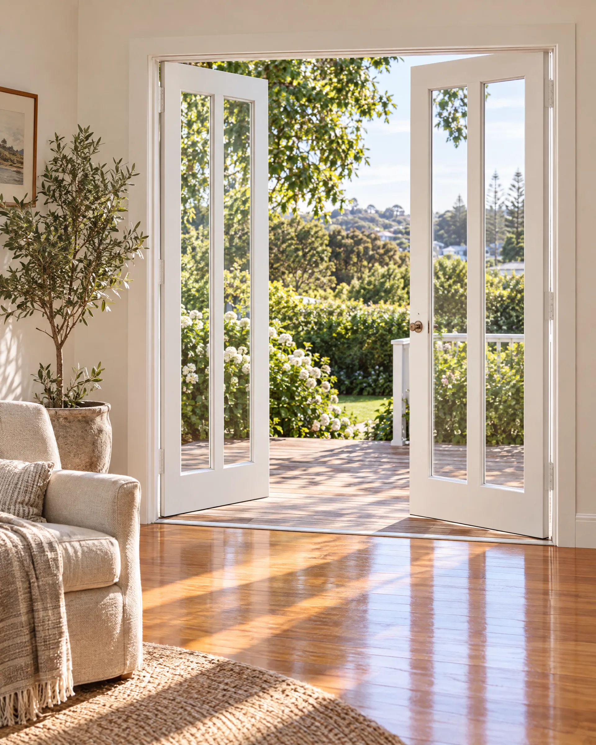 Painted timber French doors open onto a sunlit deck